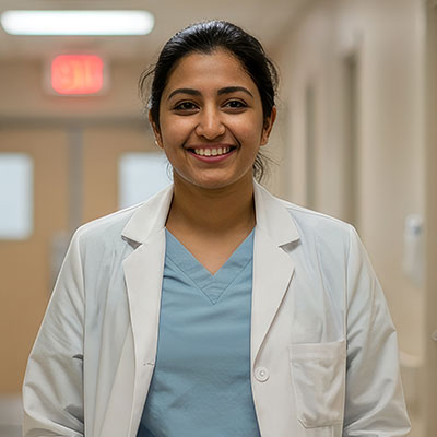 smiling doctor in hospital wearing white coat