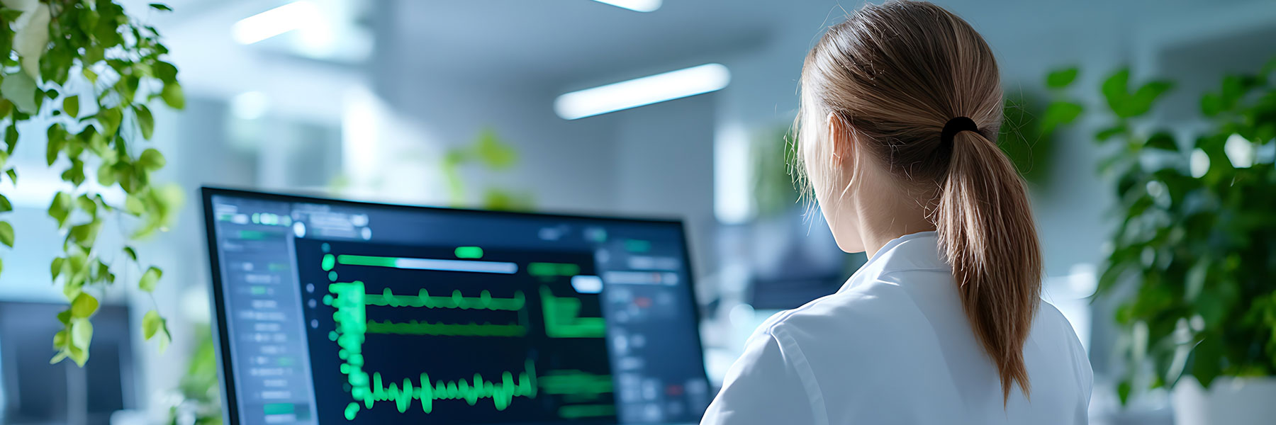 Woman in white lab coat looking at data on a computer screen
