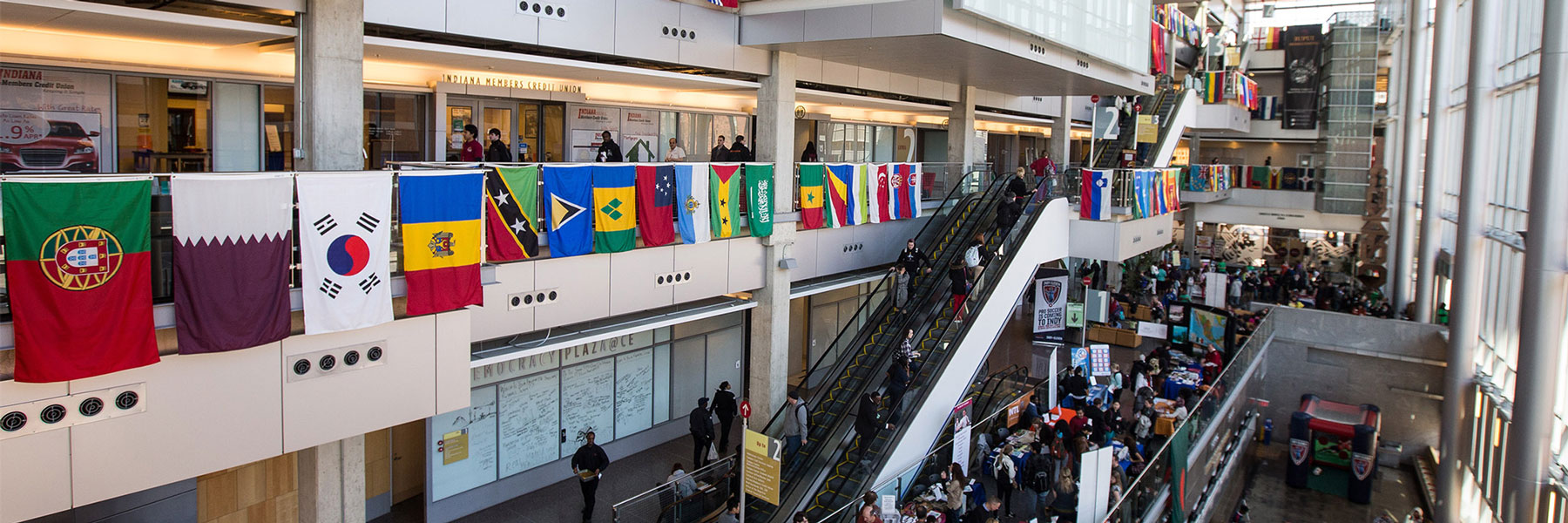 international flags hanging in the IUI Campus Center