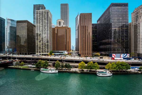 downtown chicago office buildings on waterfront